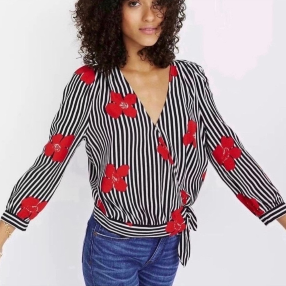 - - - Madewell cropped wrap top striped & floral print long sleeves size XS